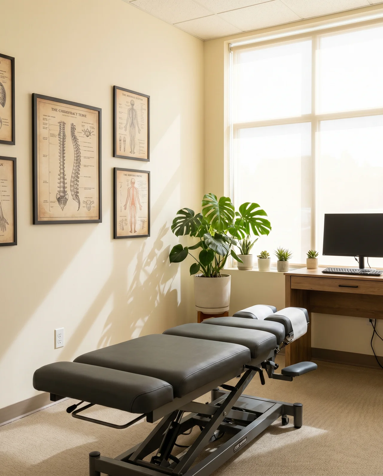 Modern Round Rock chiropractic clinic treatment room with natural light, warm ivory walls, and a sleek black adjusting table